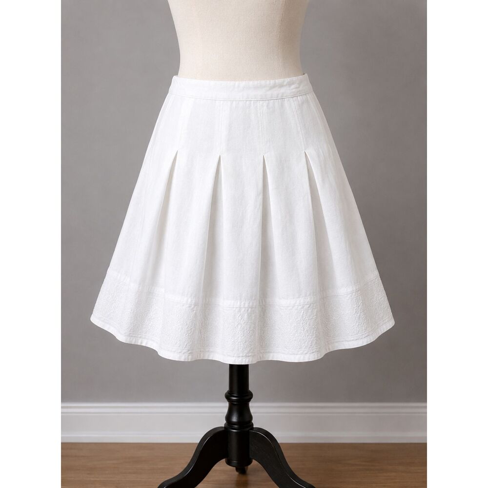 Emma James Petite Linen Blend Pleated Midi Skirt Size 12P White Embroidered